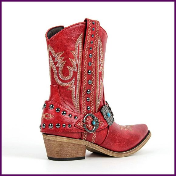 Women's Ankle Boots Western Embroidery Studded Block Heel Synthetic Leather - Picture 4 of 7